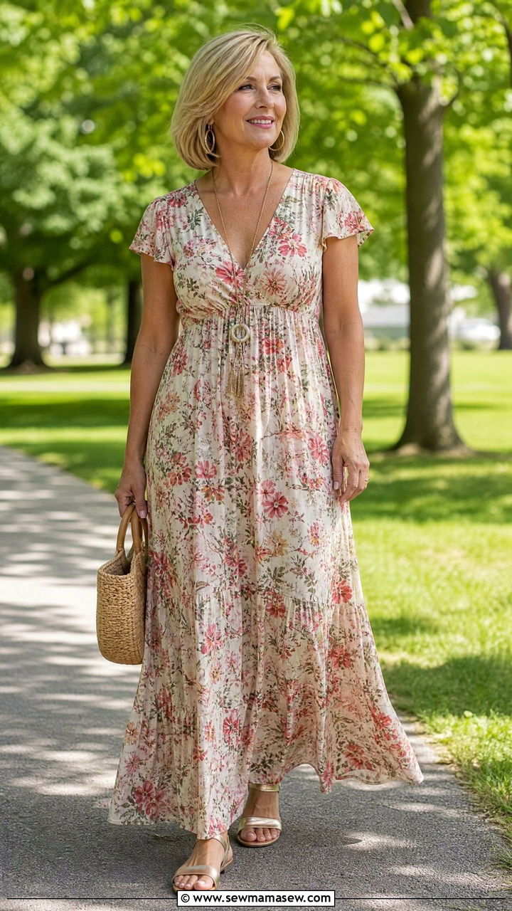 Empire Waist Maxi Dress with Pendant Necklace and Flat Sandals - 30 Maxi dress for women over 50 outfit ideas