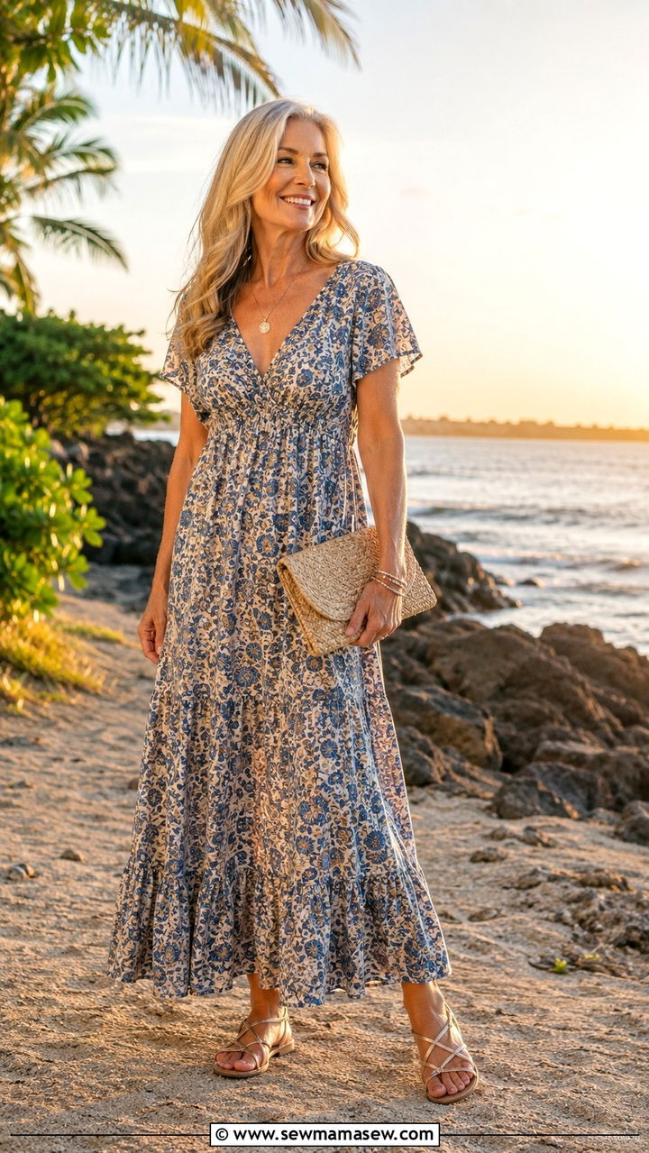 Empire Waist Maxi Dress with Strappy Sandals - 25 Outfit ideas for rectangle over 50