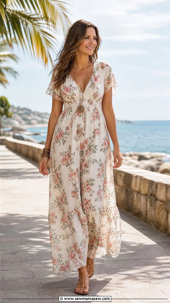Empire Waist Maxi Dress with Strappy Sandals - 30 outfit ideas for pear shaped body