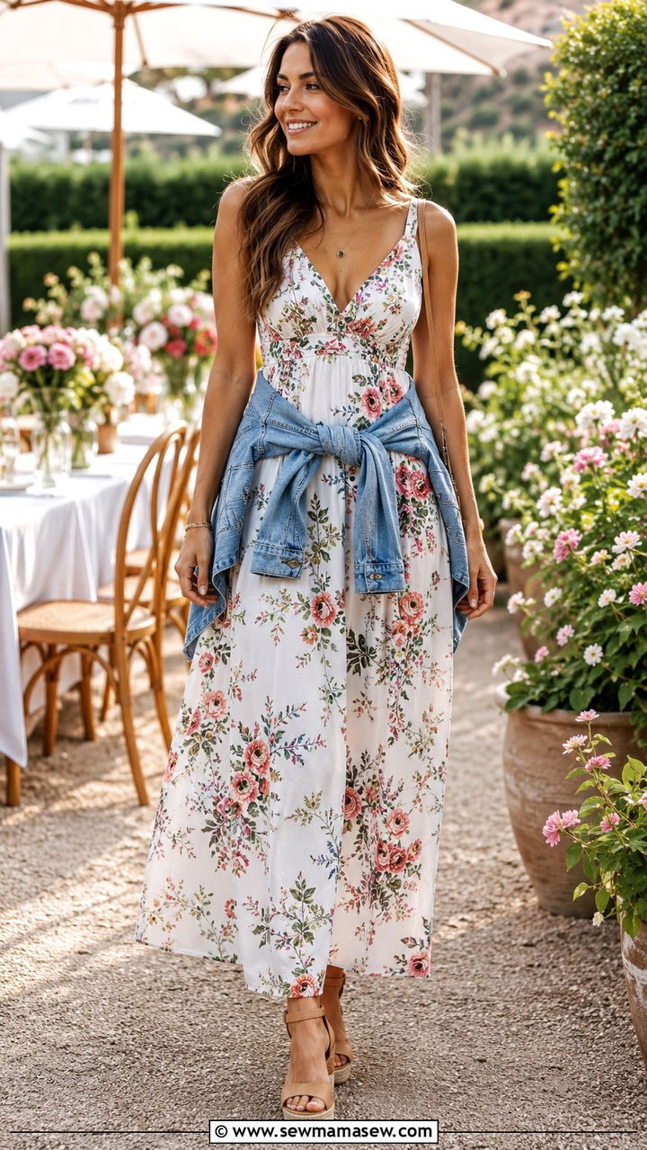 Empire Waist Maxi Dress with Wedge Sandals - 25 Outfits to balance shoulders