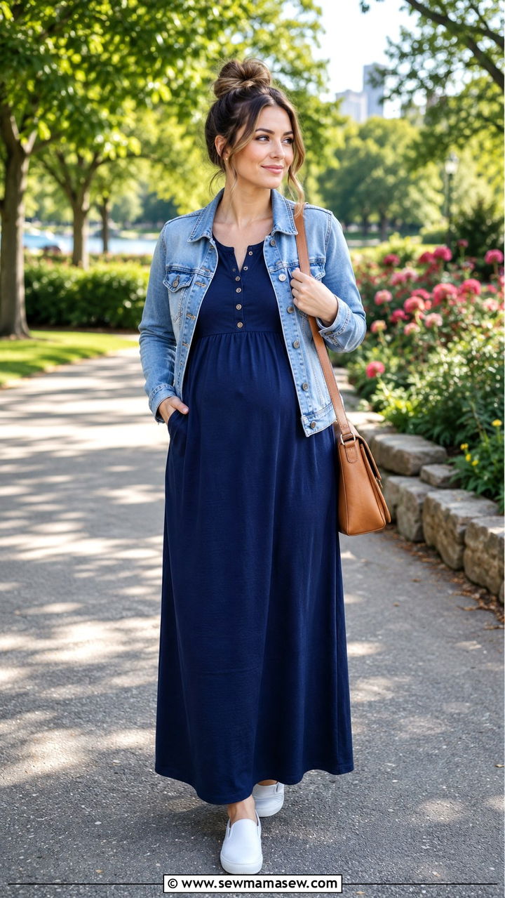 Empire Waist Maxi Dress with a Denim Jacket - 20 Postpartum outfit ideas week 1