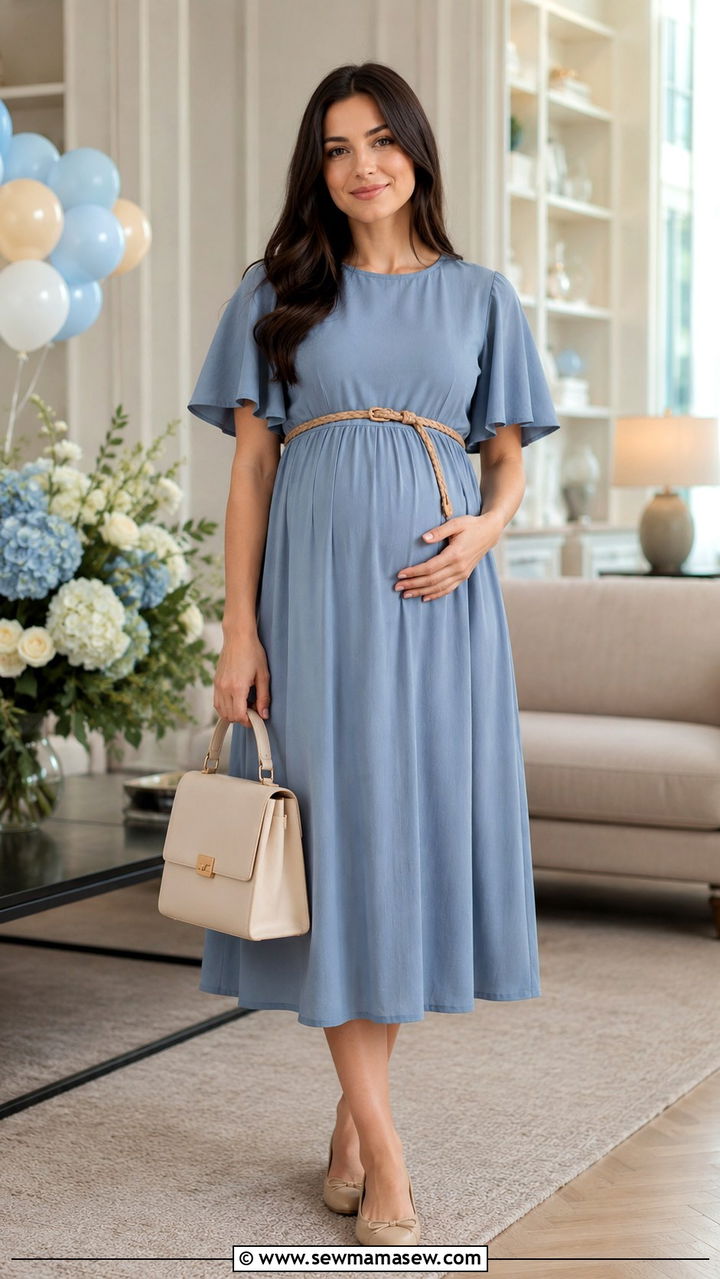Empire Waist Midi Dress - 25 modest baby shower outfit ideas