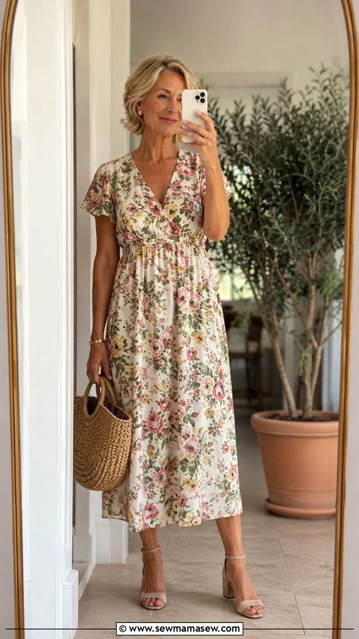 Empire Waist Midi Dress With Block Heels - 20 Outfit ideas for apple shape over 50