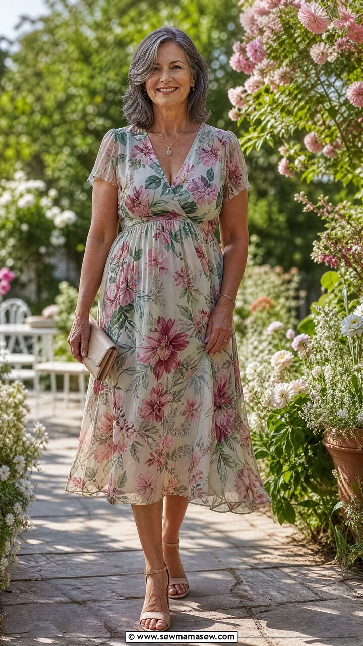 Empire Waist Midi Dress With Block Heels - 20 Apple shape outfits for women over 50