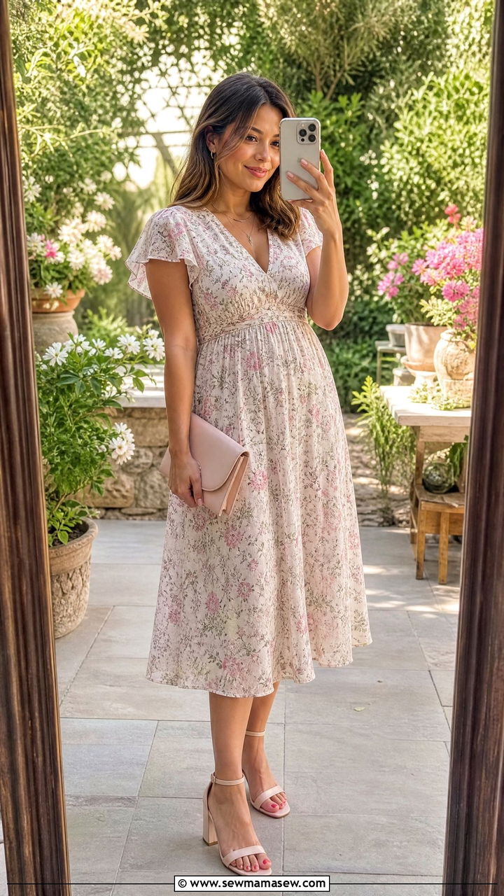 Empire Waist Midi Dress With Strappy Heels - 25 Petite outfit ideas with apple shape
