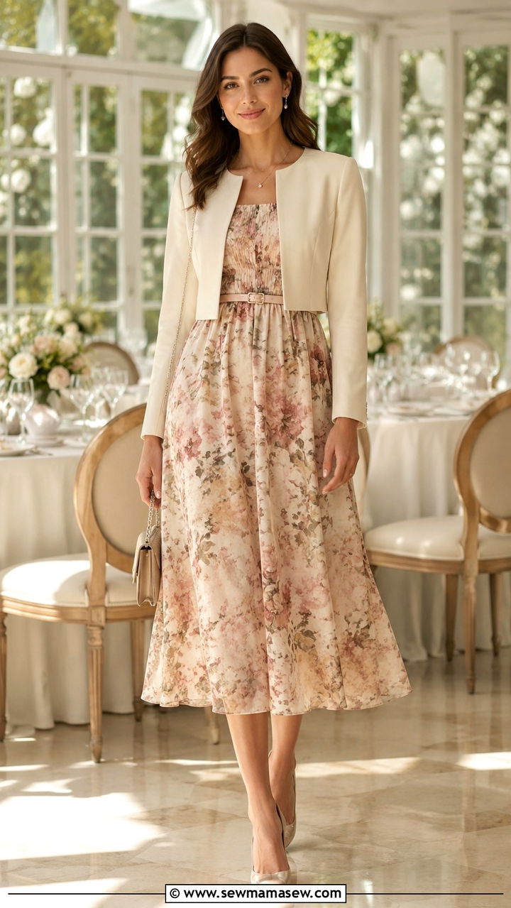 Empire Waist Midi Dress With Structured Jacket - 25 Outfit ideas for rectangle body for work