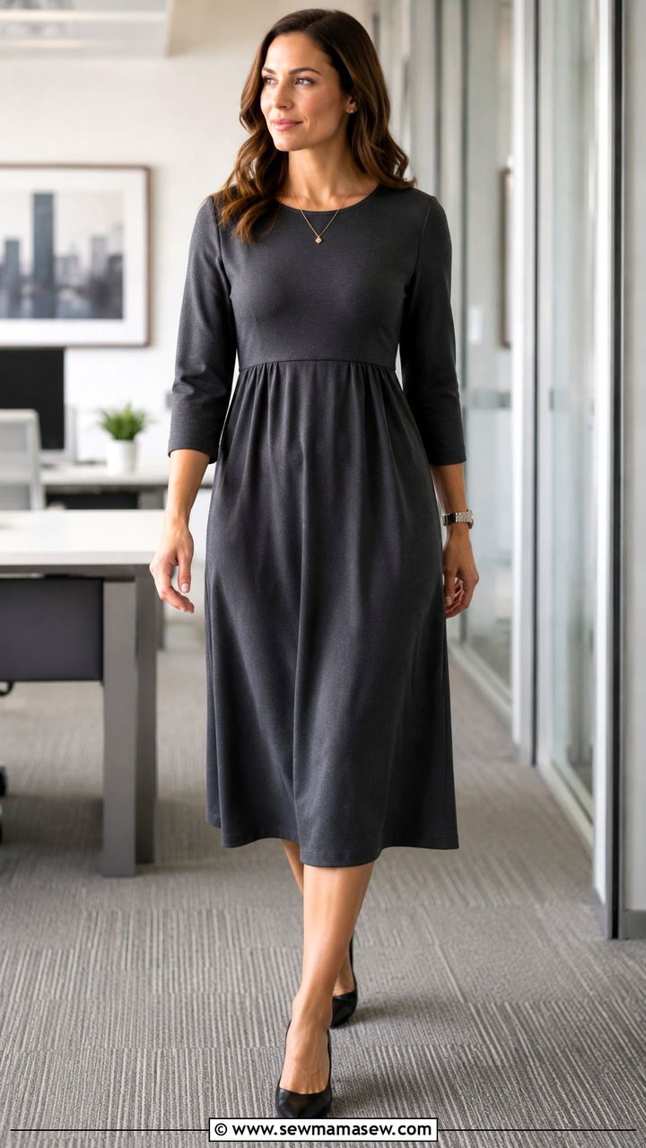 Empire Waist Midi Dress with Pointed Toe Pumps - 20 Work outfits to hide belly fat