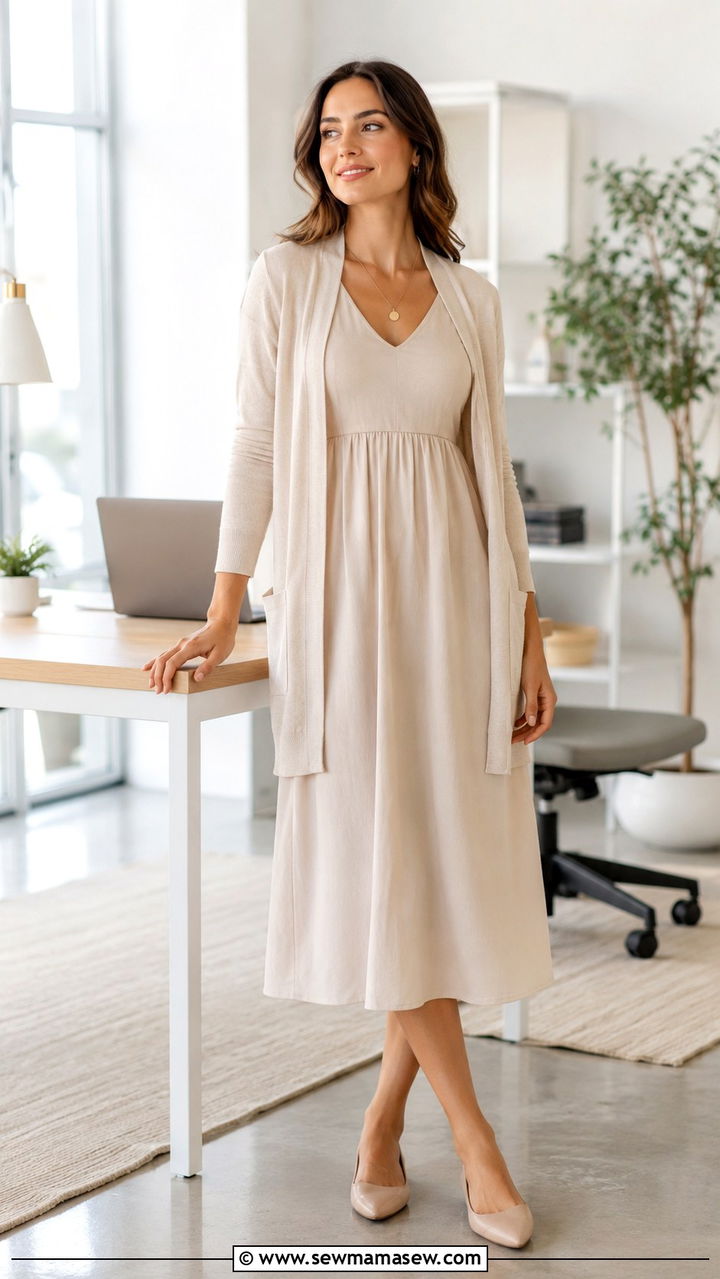 Empire Waist Midi Dress with Slim Cardigan - 20 work outfits for women with tummy