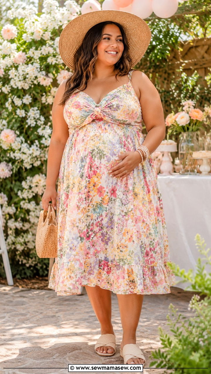 Empire Waist Sundress With Slide Sandals - 30 Plus size outfit ideas for baby shower