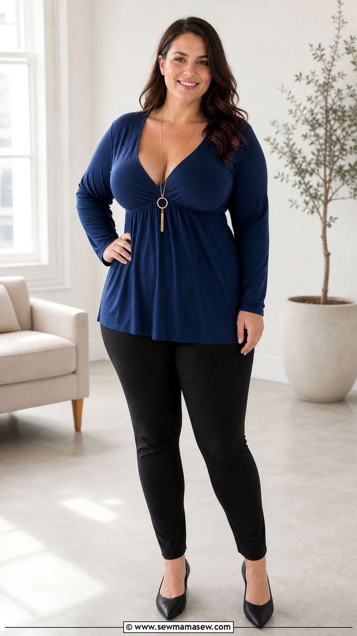 Empire Waist Tunic With Stretchy Ponte Skinny Pants - 25 casual outfits for women with big bust