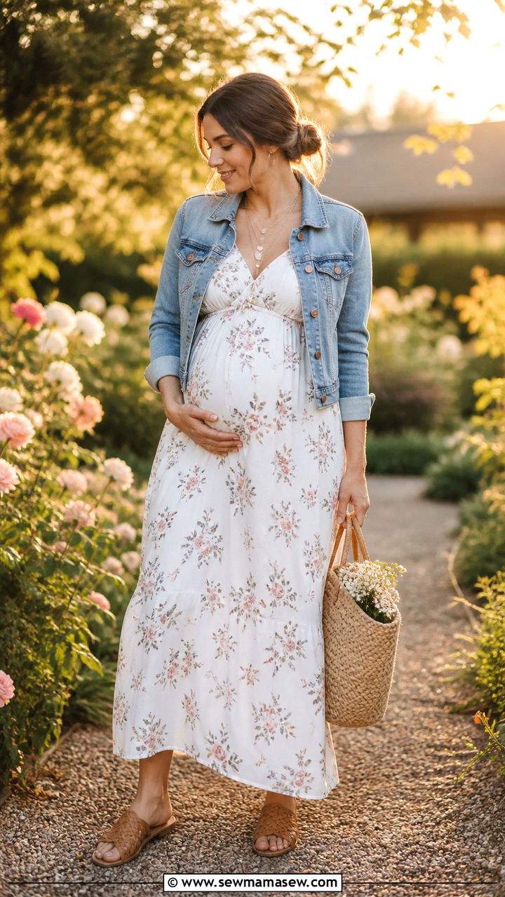 Empire waist floral maxi dress with cropped denim jacket - 20 4th trimester outfit ideas