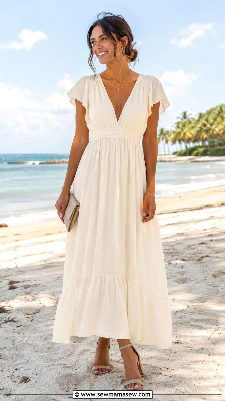 Empire waist flutter sleeve dress with dainty jewelry beach wedding - 25 Beach formal wedding guest outfit ideas