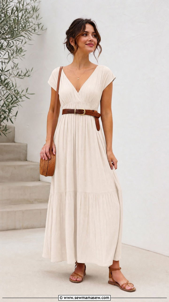 Empire waist maxi dress with an unnecessary belt and ankle strap sandals - 25 Petite outfit ideas to avoid