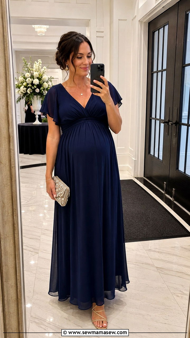 Empire waist maxi dress with strappy sandals - 25 wedding guest outfits for postpartum women