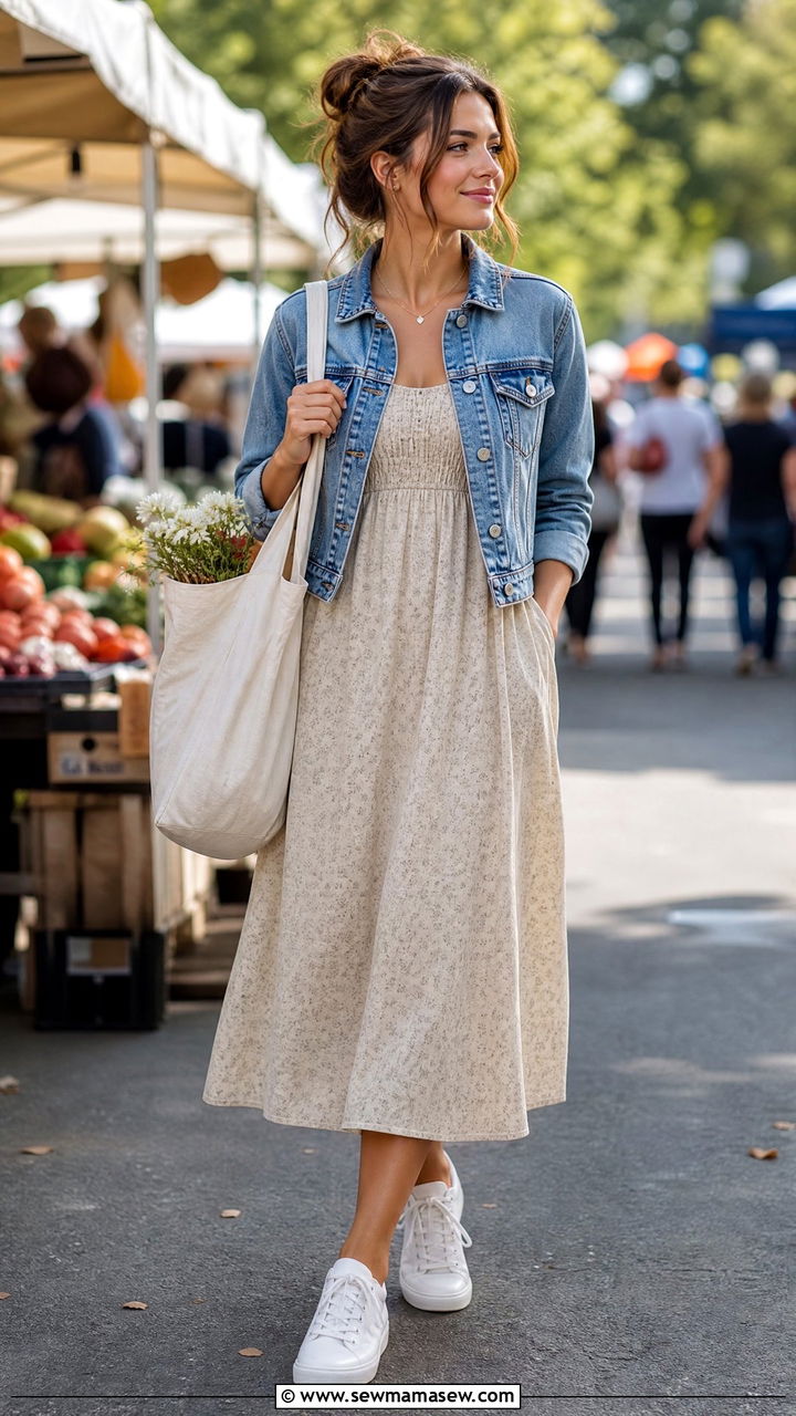 Empire waist midi dress with denim jacket - 25 spring outfits for apple shaped body