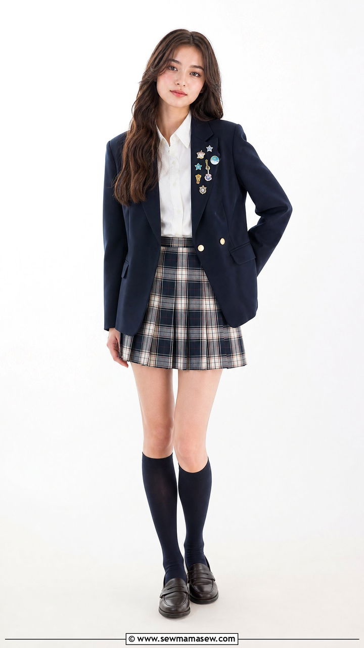 Enamel pins clustered on blazer lapel with plaid skirt outfit - 30 School uniform hacks outfit ideas