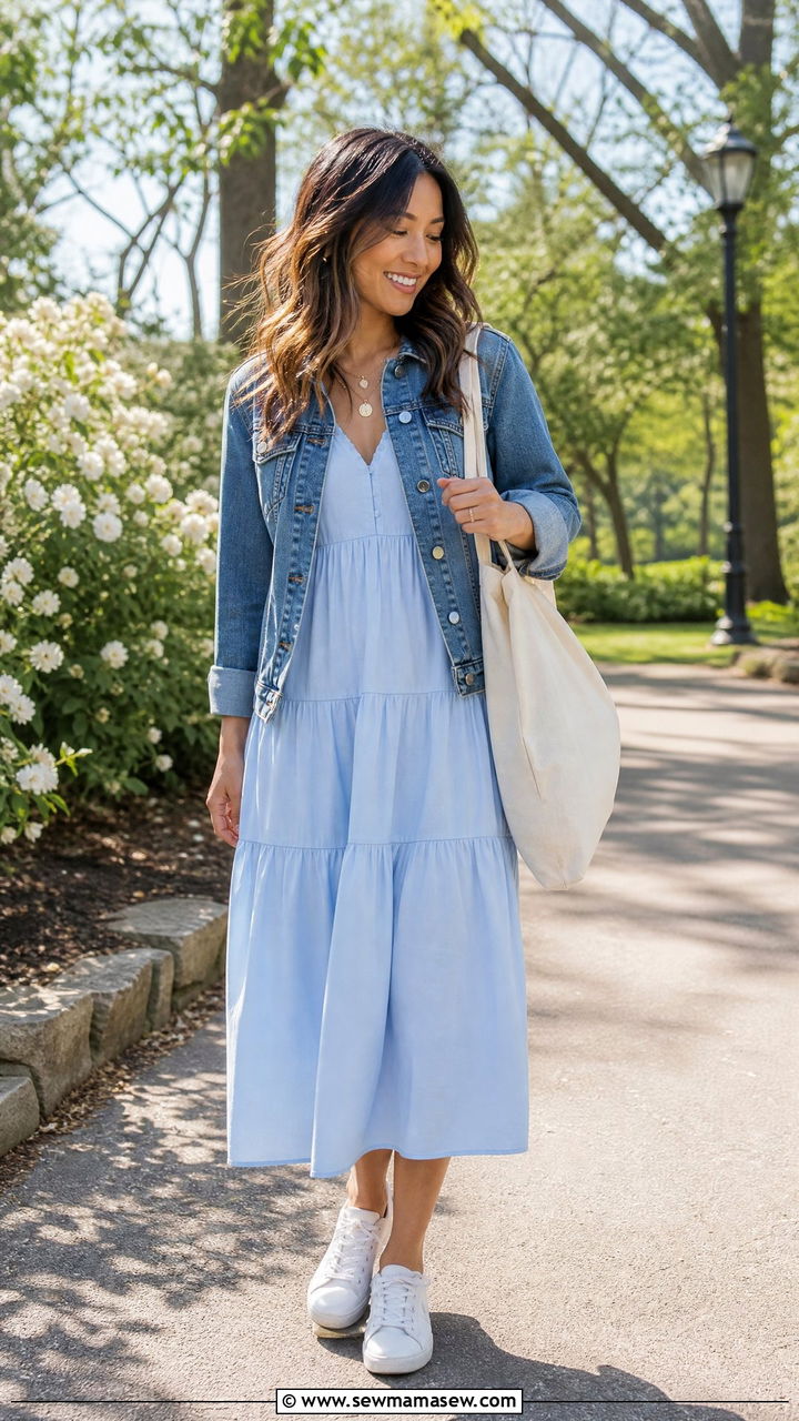 End Of Spring Outfit With A Denim Jacket And A Tiered Midi Dress - 30 End of spring outfits