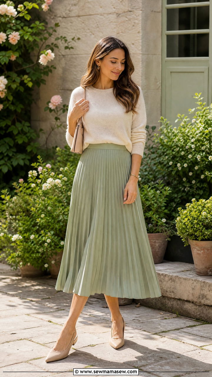 End Of Spring Outfit With A Pleated Midi Skirt And Lightweight Sweater - 30 End of spring outfits