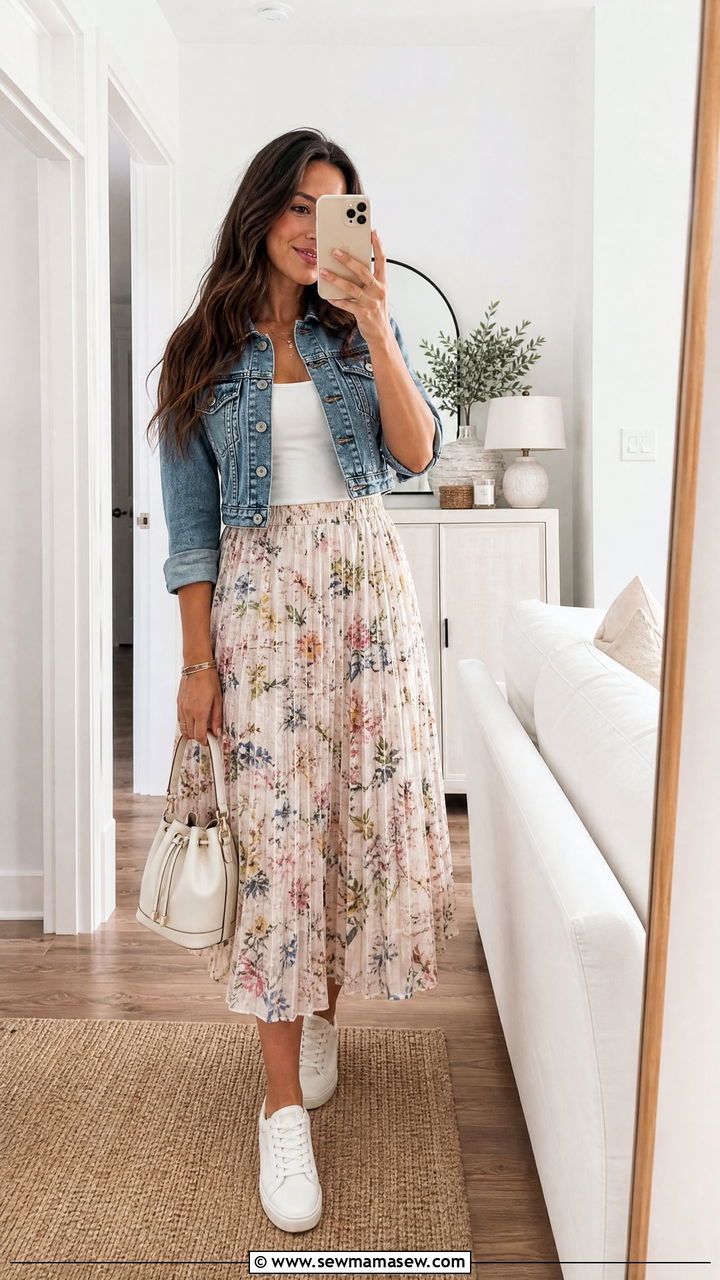 End Of Spring Outfit With A Pleated Skirt And A Cropped Denim Jacket - 30 End of spring outfits