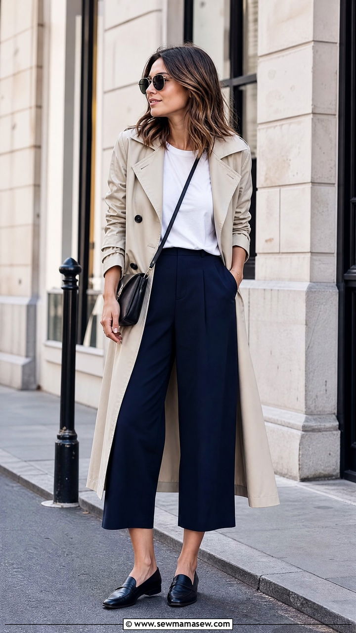 End Of Spring Outfit With A Trench Coat And Cropped Wide Leg Pants - 30 End of spring outfits