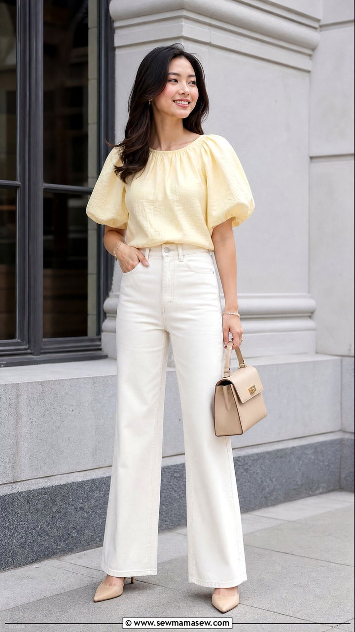 End Of Spring Outfit With Wide Leg Jeans And A Puff Sleeve Top - 30 End of spring outfits