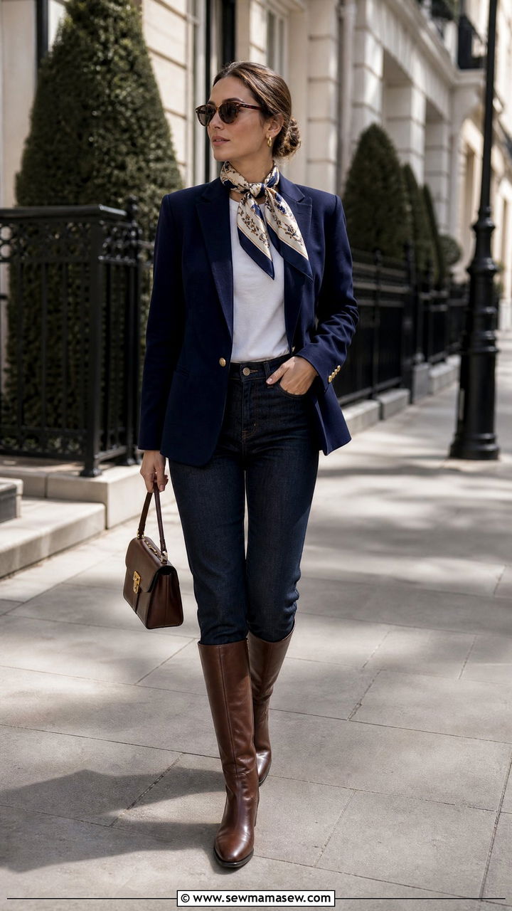 Equestrian Silk Scarf Outfit With Blazer And Jeans - 25 Old money outfit ideas equestrian