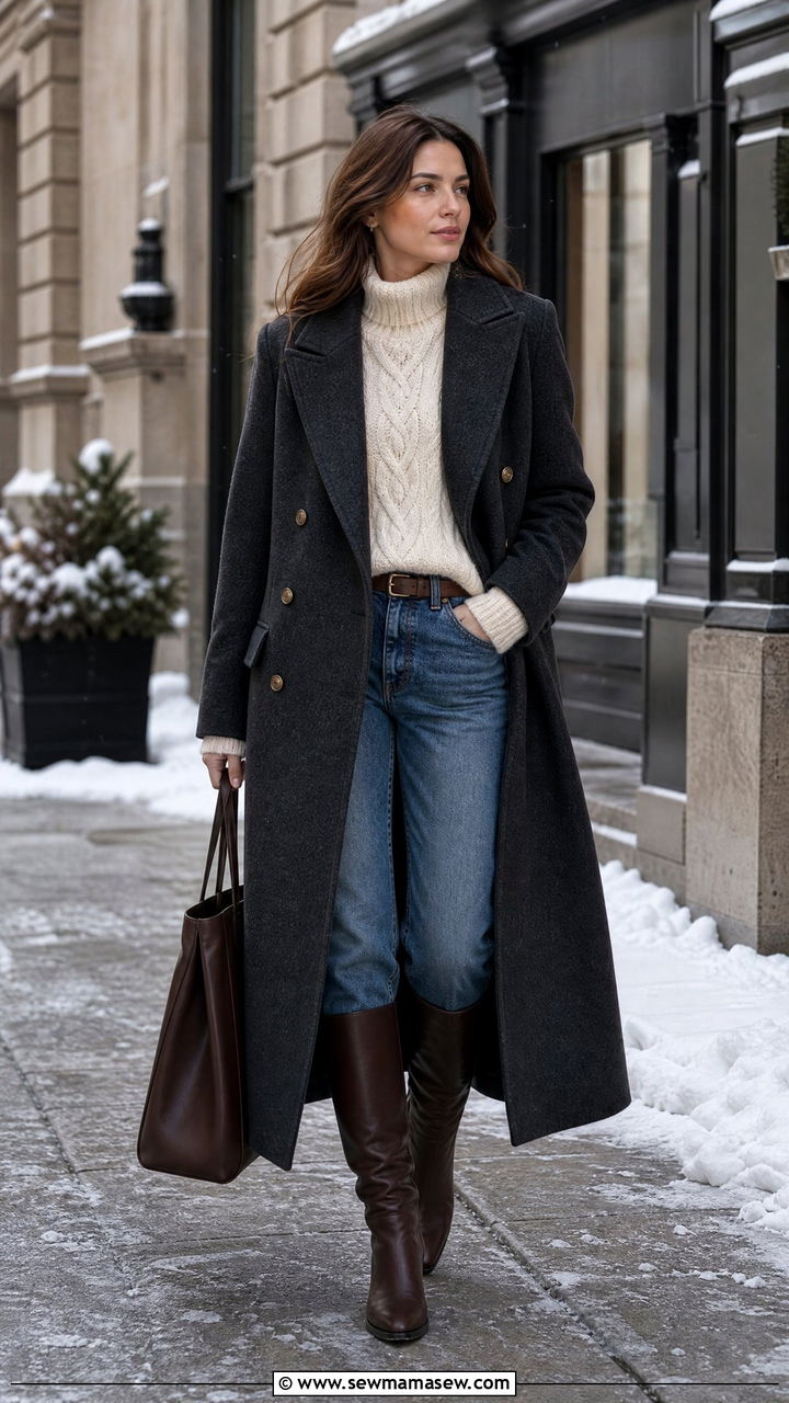 Equestrian outfit with a double breasted coat and jeans - 30 Equestrian outfit ideas