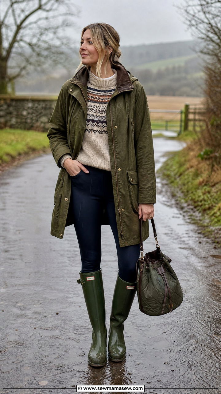 Equestrian outfit with a field coat and wellies - 30 Equestrian outfit ideas