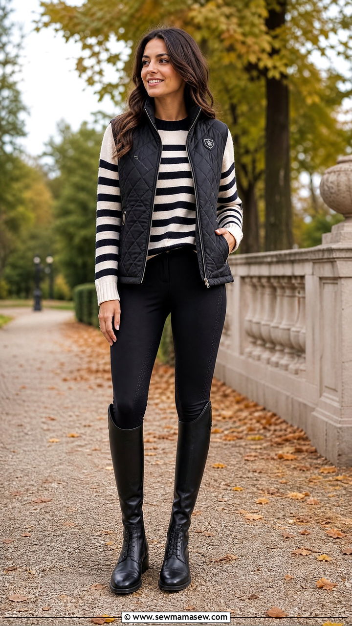 Equestrian outfit with a striped sweater and riding leggings - 30 Equestrian outfit ideas