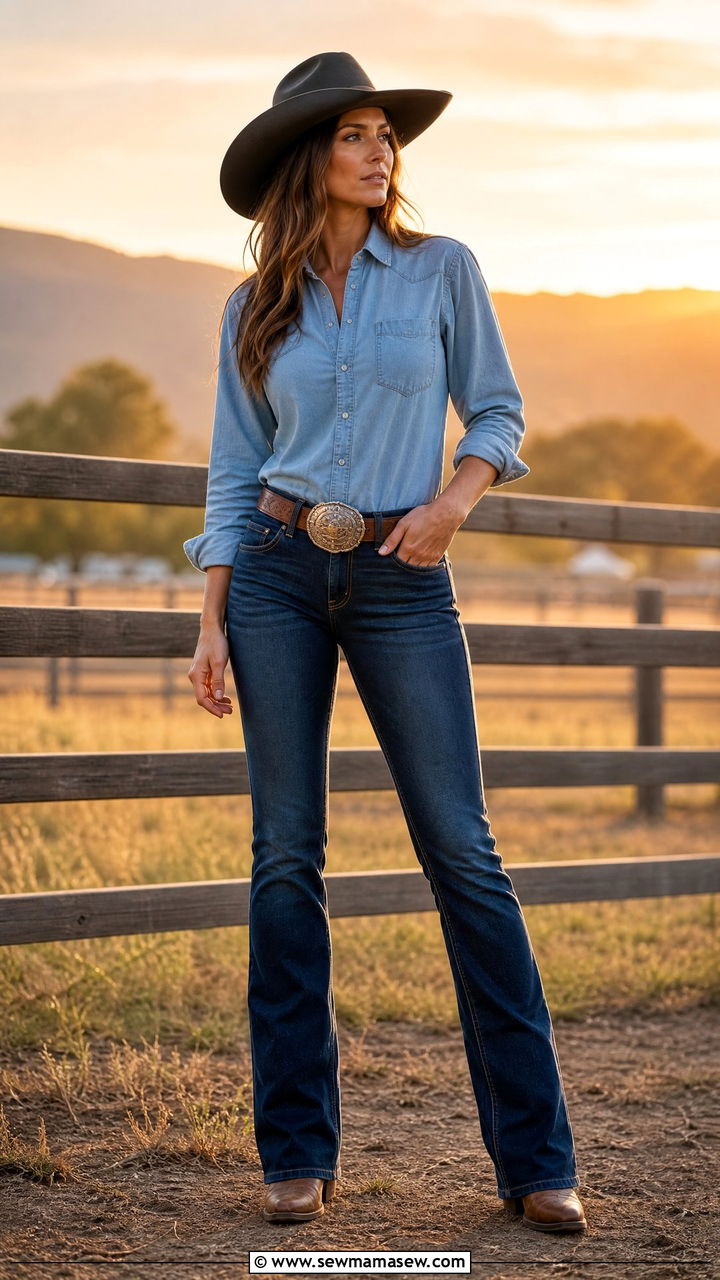 Equestrian outfit with a western belt and bootcut jeans - 30 Equestrian outfit ideas