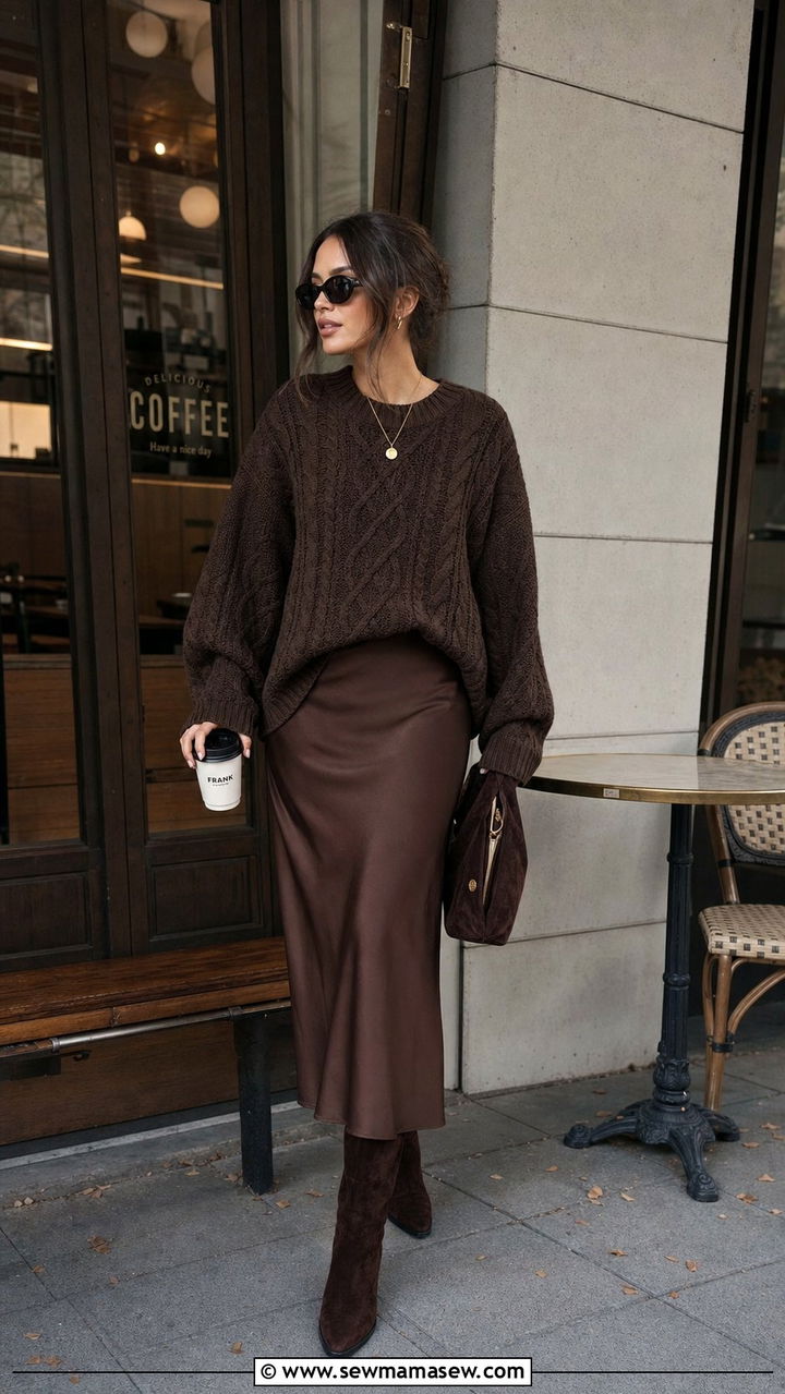 Espresso Chunky Sweater And Satin Slip Skirt - 25 Espresso outfit ideas