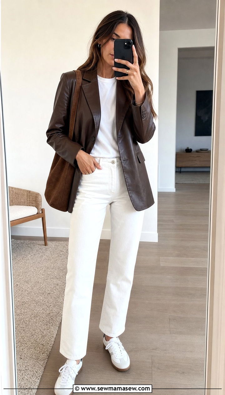 Espresso Leather Blazer And White Jeans - 25 Espresso outfit ideas