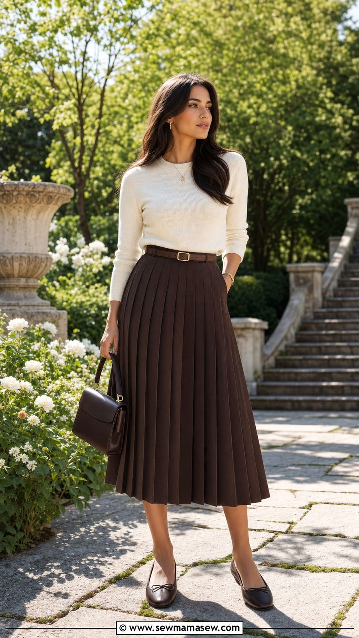 Espresso Pleated Midi Skirt And Ballet Flats - 25 Espresso outfit ideas