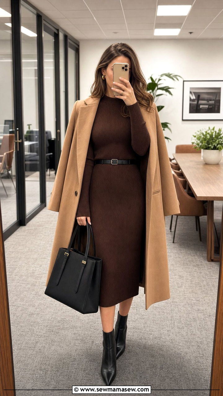 Espresso Ribbed Knit Midi Dress and Slim Belt Work Outfit - 25 Stealth wealth outfit ideas for work