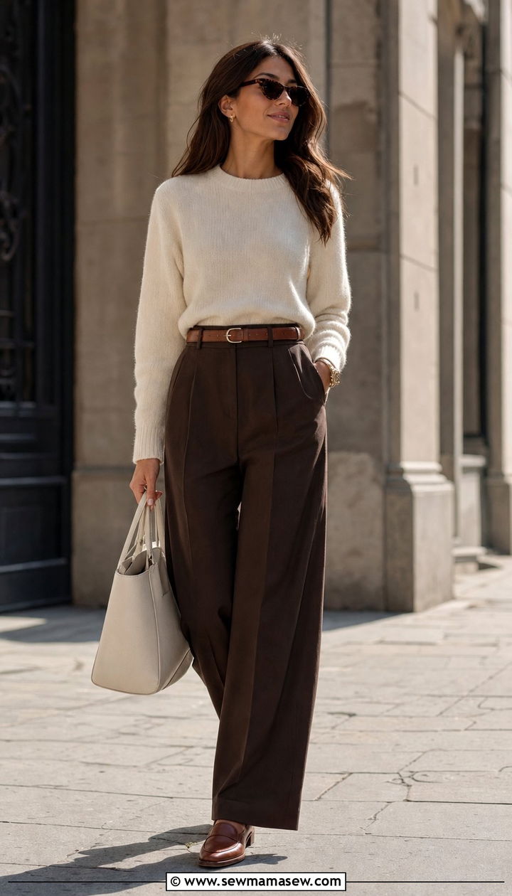 Espresso Wide Leg Trousers And Cream Sweater - 25 Espresso outfit ideas