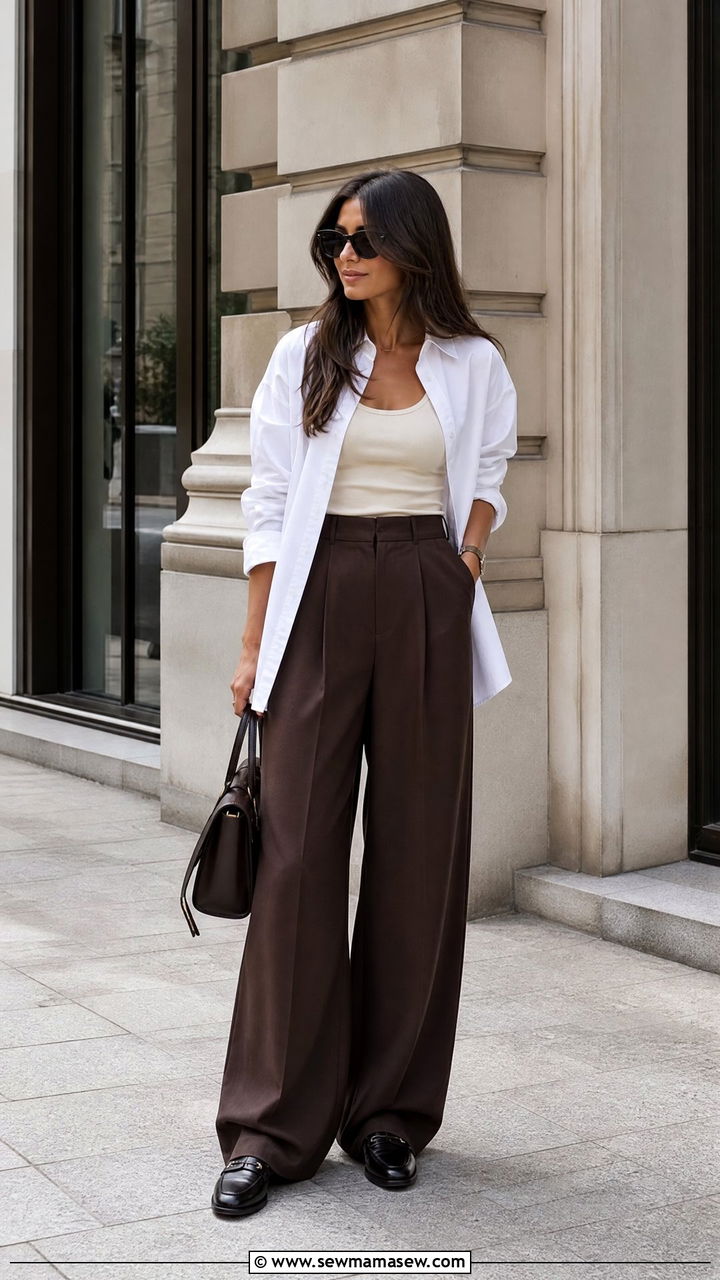 Espresso trousers with cream tank and white shirt - 25 Quiet luxury outfit ideas spring 2026