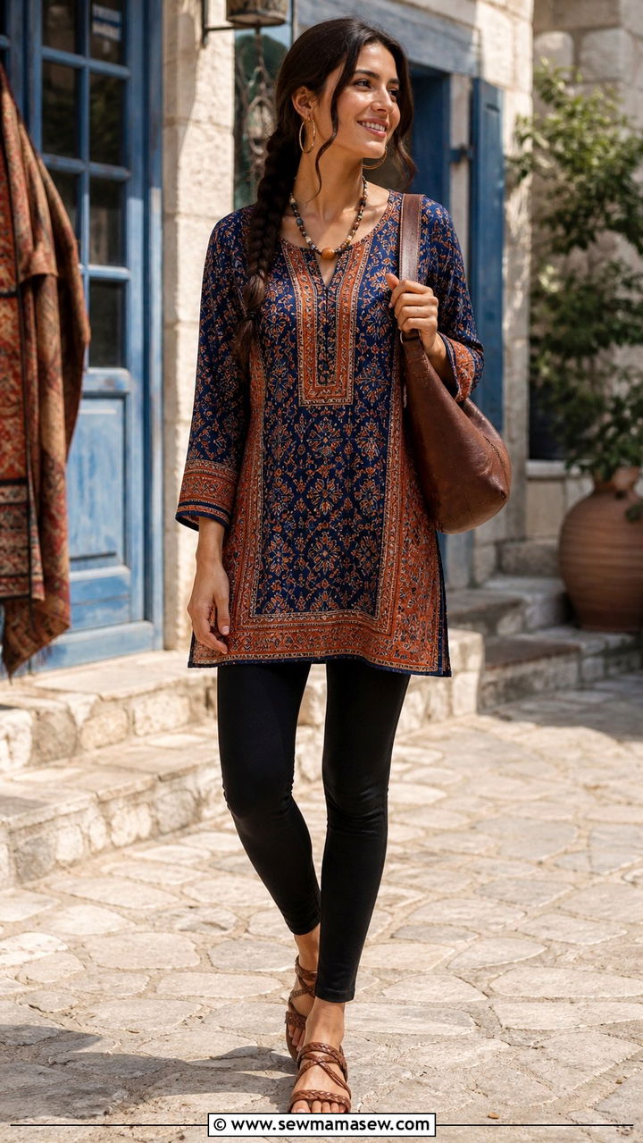 Ethnic Print Tunic With Leggings And Leather Sandals - 40 Boho outfit ideas 2026