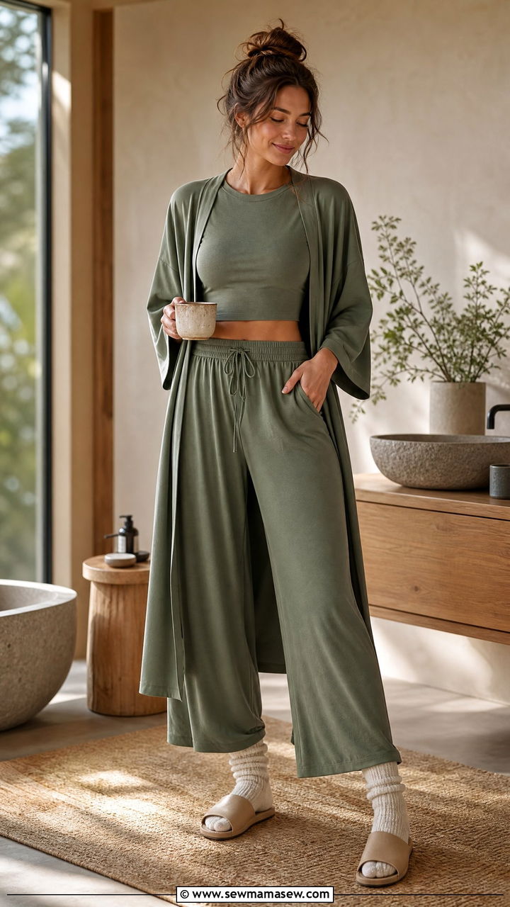 Eucalyptus modal lounge set with crop top and slouchy socks - 25 Loungewear 3 piece set outfit ideas