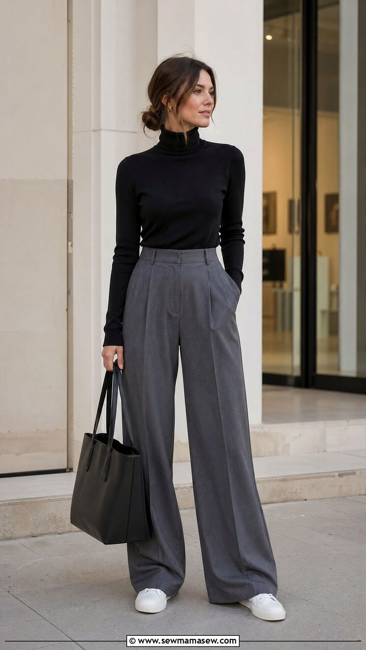 Europe Black Turtleneck Grey Trousers Outfit - 35 Europe travel capsule wardrobe