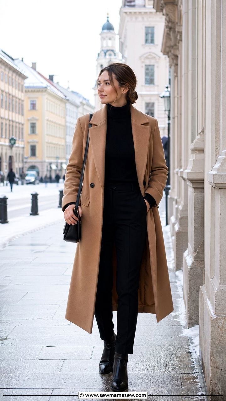 Europe Camel Coat Black Turtleneck Outfit - 35 Europe travel capsule wardrobe