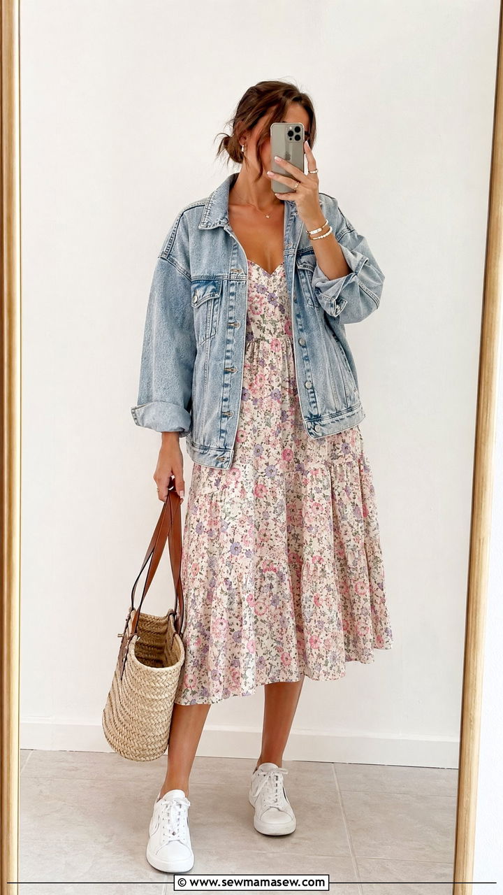 Europe Denim Jacket Floral Dress Outfit - 35 Europe travel capsule wardrobe