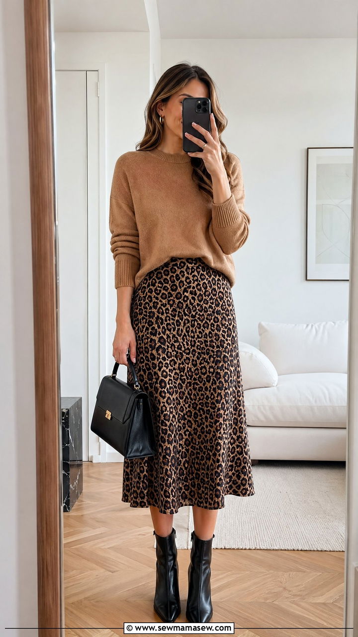 Europe Leopard Skirt Camel Sweater Outfit - 35 Europe travel capsule wardrobe