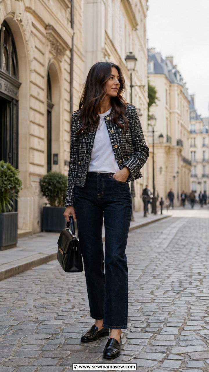 Europe Tweed Jacket Dark Jeans Loafers Outfit - 35 Europe travel capsule wardrobe