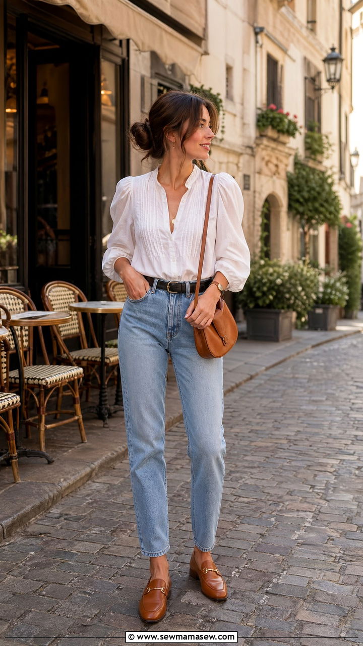 Europe White Blouse High Waist Jeans Outfit - 35 Europe travel capsule wardrobe