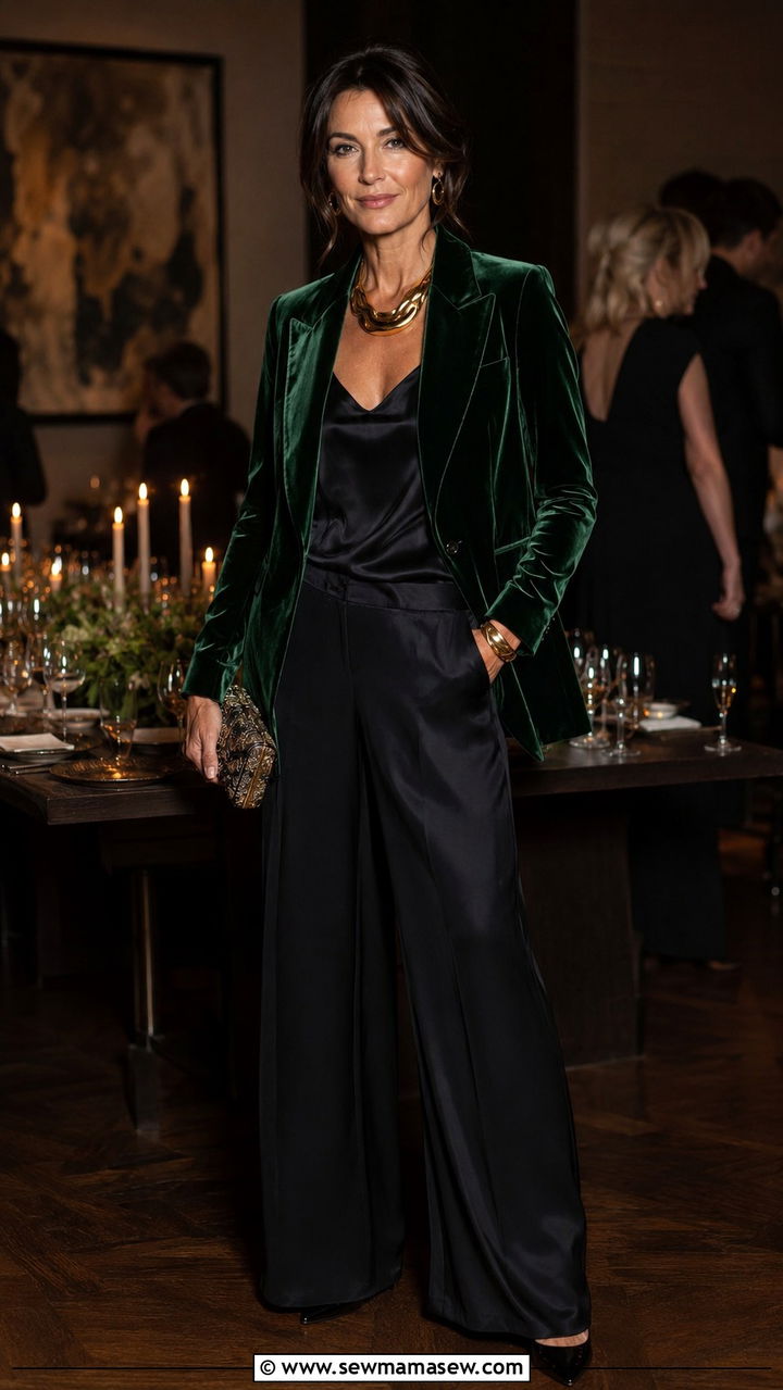 Evening Velvet Blazer with Silk Trousers - 30 Quiet luxury outfits for women over 50