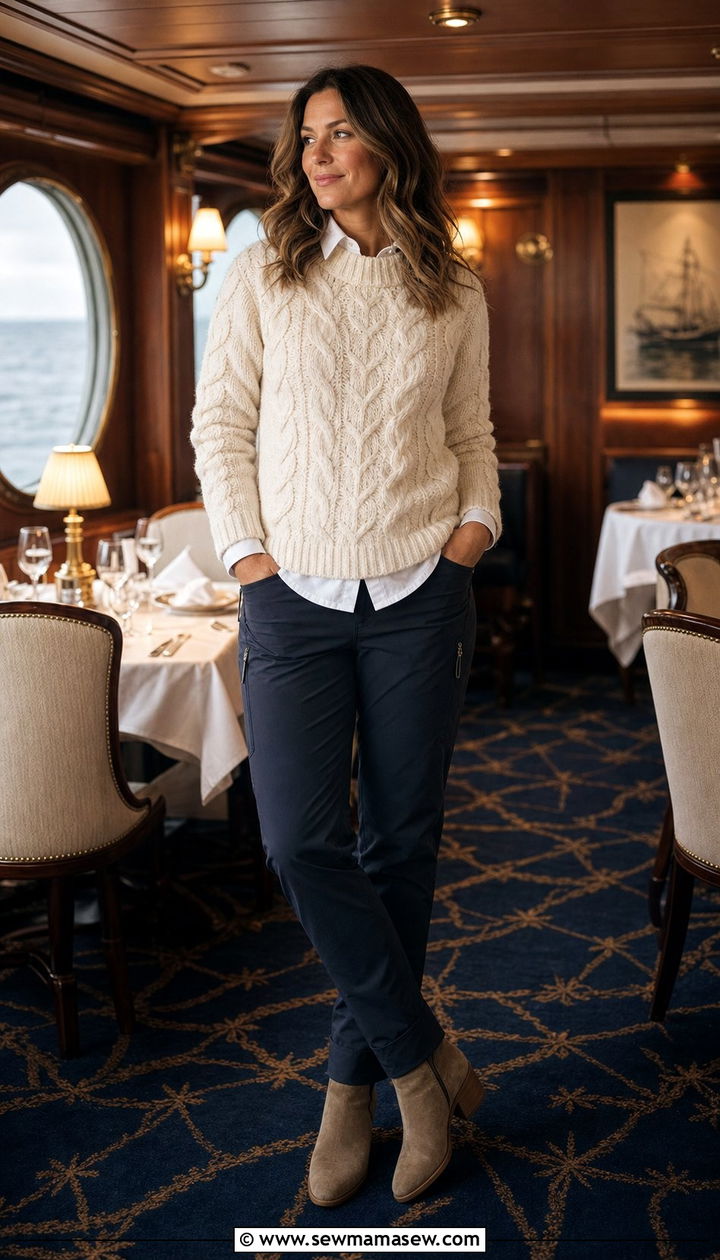 Expedition cruise outfit with cable knit sweater and softshell pants - 25 Expedition cruise outfit ideas