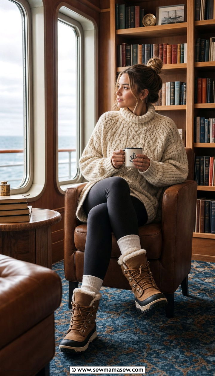 Expedition cruise outfit with fleece lined leggings and snow boots - 25 Expedition cruise outfit ideas