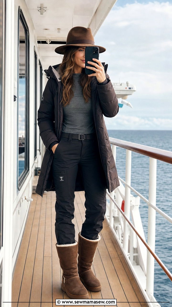 Expedition cruise outfit with shearling lined boots and quilted parka - 25 Expedition cruise outfit ideas