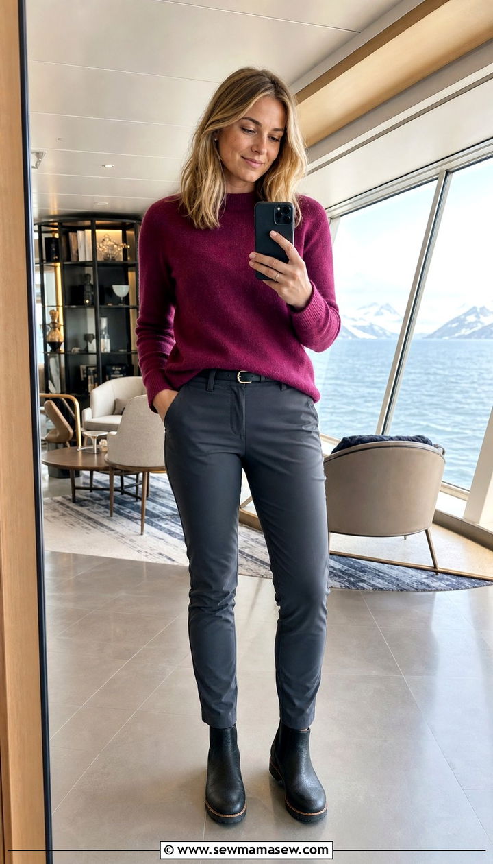 Expedition cruise outfit with softshell pants and merino sweater - 25 Expedition cruise outfit ideas