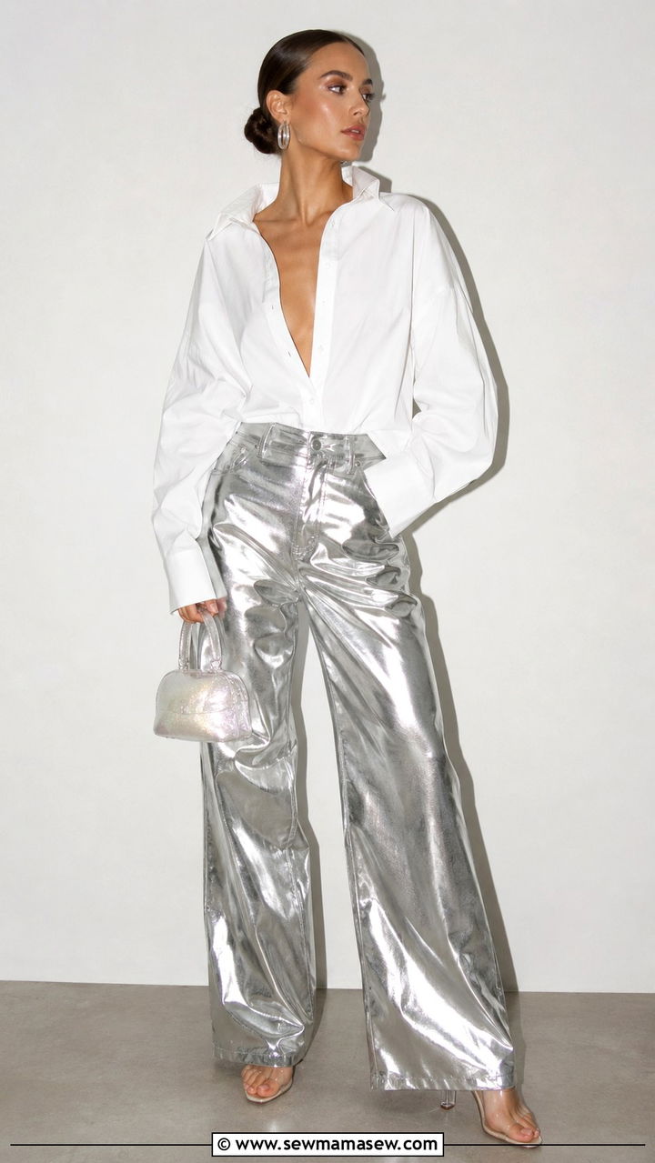 Extra celestial silver metallic wide leg trousers with white blouse - 25 Pinterest outfits 2026